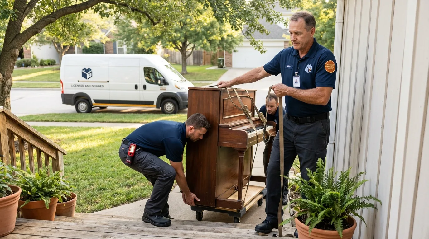 Licensed piano movers securing grand piano in Laurys Station, PA
