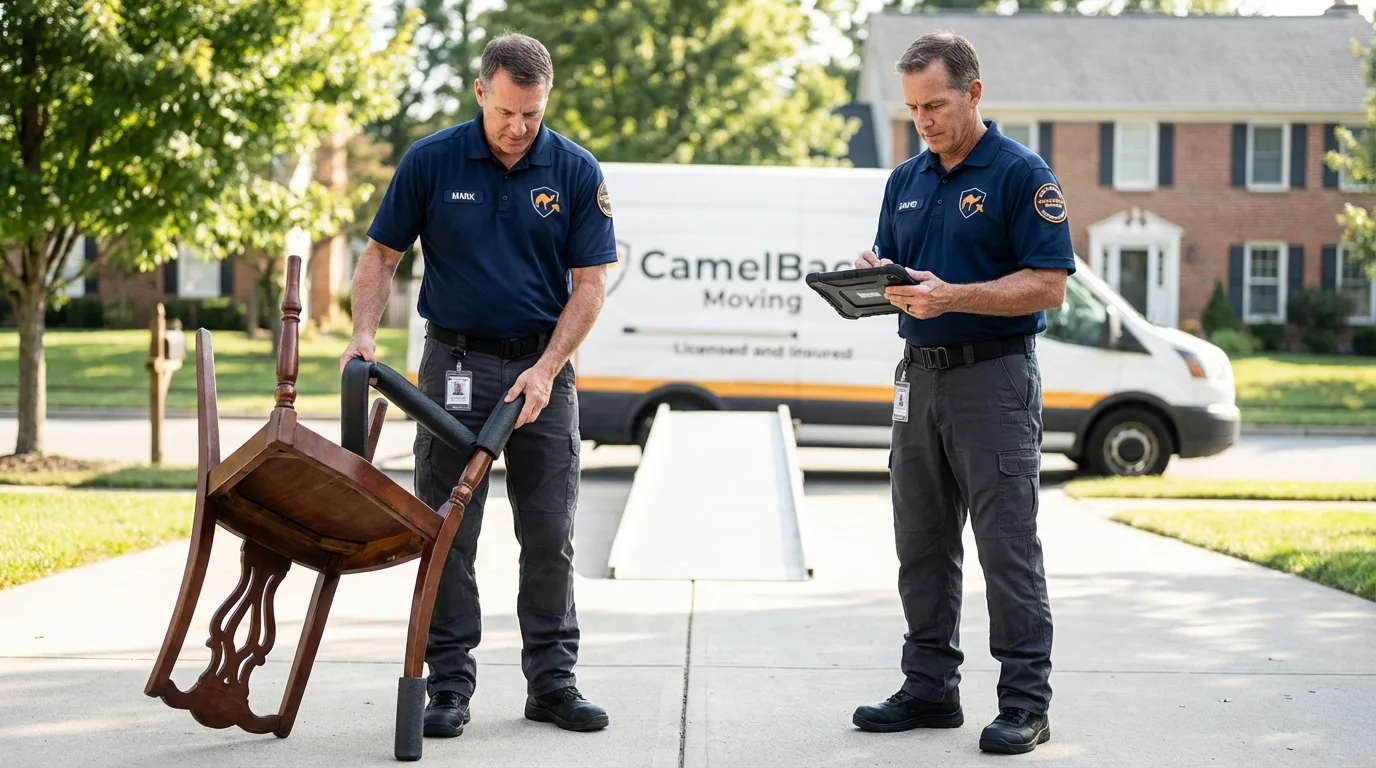 Movers inspecting furniture for damage prevention before loading in Laurys Station, PA