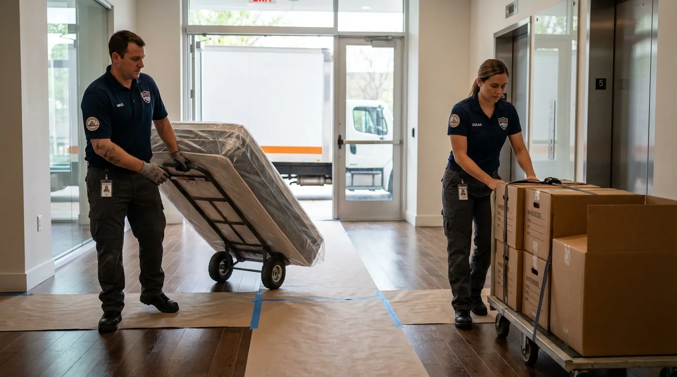 Professional apartment movers loading elevator in Laurys Station, PA