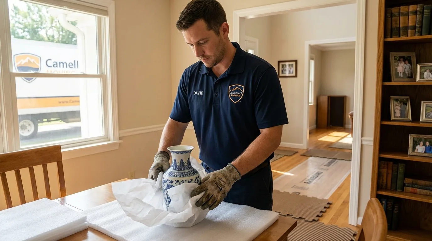 Professional crew carefully wrapping antique vase for senior downsizing move in Laurys Station, PA